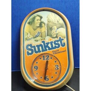 Vtg. 1970s=80s Sunkist Good Vibrations Lighted Wall Clock Soda Advertising Works
